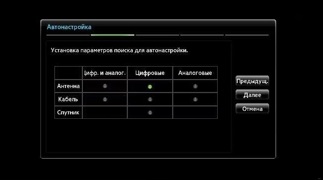 таблица автонастройки